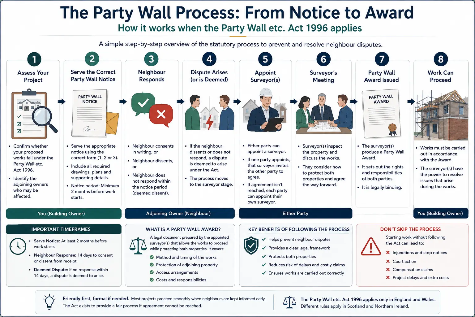 Do I Need a Party Wall Agreement? An infographic showing the party wall process from notice to award in a very interactive way for the citizens living in Leeds, UK