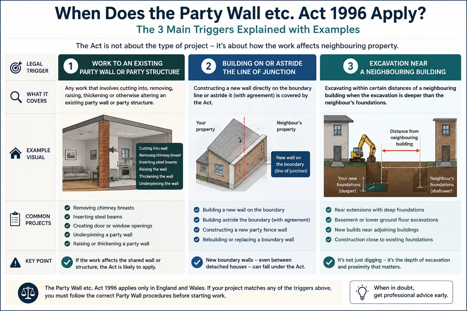 Do I Need a Party Wall Agreement? An infographic showing when does the party wall etc act 1996 apply like excavation, junction, painting, in Leeds, UK